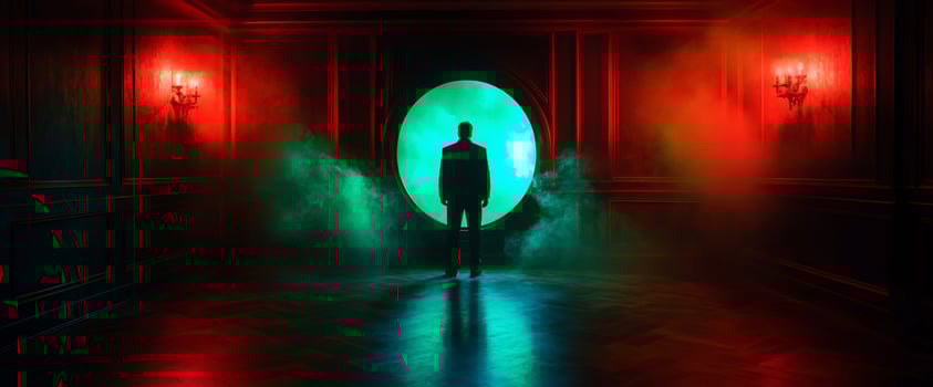 Man silhouetted, mysterious hall, greenred lighting, portal photo