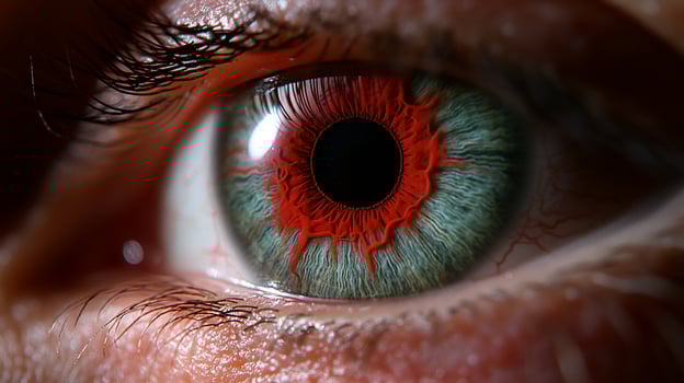 Closeup eye macro, red veins, dark background, medical use photo