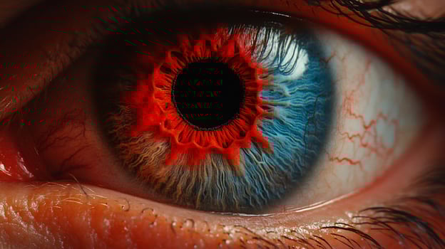 Closeup redblue eye macro shot medical, science background photo