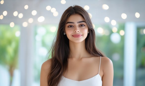 Portrait of an attractive young woman with long brown hair in soft light photo