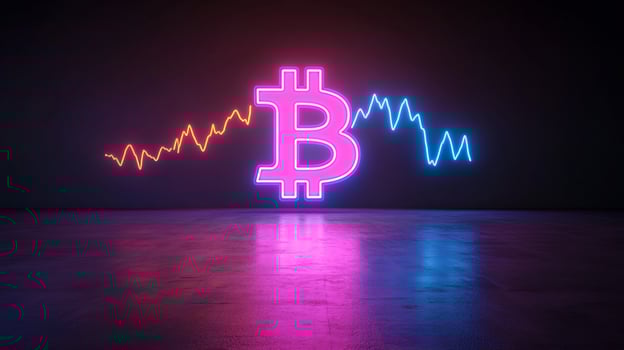 Neon Bitcoin price chart, dark studio, fluctuating cryptocurrency photo