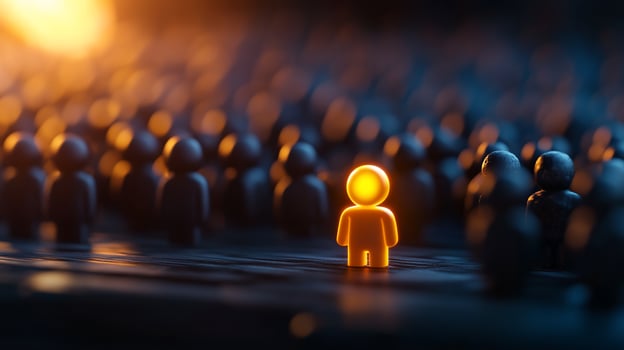 Glowing figure stands out in crowd, dark background, leadership concept photo