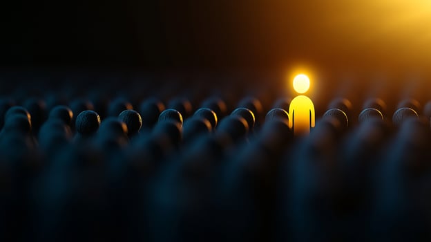 Glowing leader among crowd, dark background, success concept photo