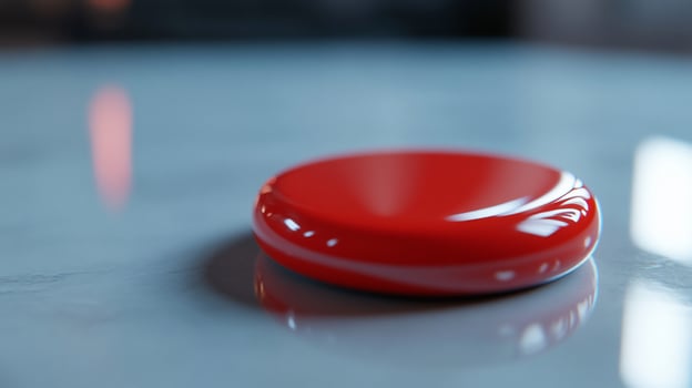 Red button on marble, blurred background, studio shot, product display photo