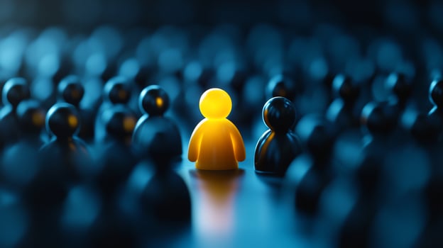 Yellow leader stands out among dark crowd, digital background photo