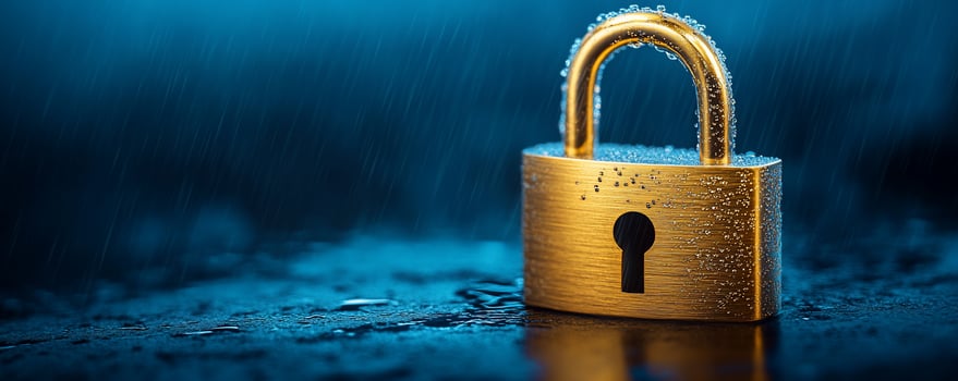 Wet gold padlock rain dark surface security photo