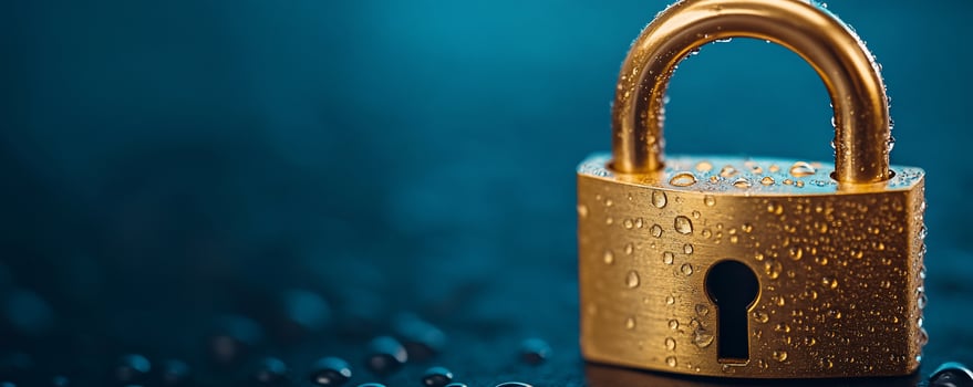 Wet Gold Padlock on Dark Blue Background photo