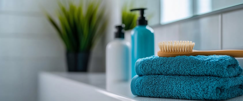 Bathroom towels, brush, toiletries, plant photo