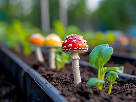 Red mushroom growing in garden planter box photo