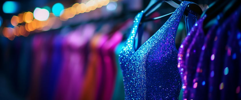 Sparkling gowns hang in boutique, city lights blurred photo