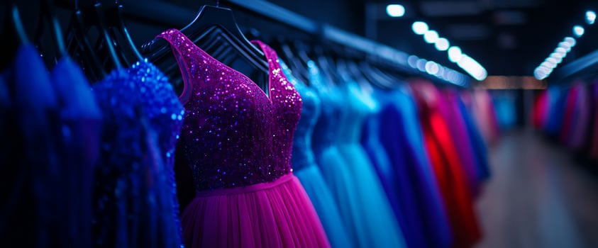 Boutique gowns hanging, colorful dresses, store interior, fashion retail photo