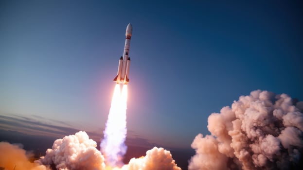 rocket launching into sky, showcasing powerful flames and smoke photo