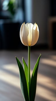 White tulip sunlit indoors, wooden floor background, spring floral design photo