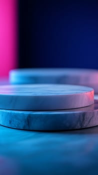 Marble podium, neon backdrop, product display, studio photo