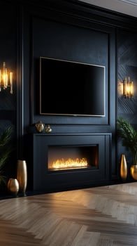 Modern fireplace, TV, dark decor, living room, mockup photo