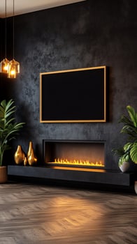 Modern fireplace, TV mockup, dark living room, plants photo
