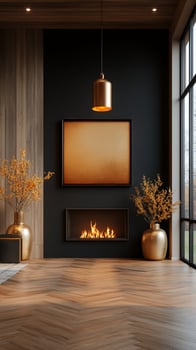 Cozy fireplace autumn living room interior design mockup photo