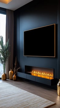 Modern apartment living room, fireplace, TV, city view photo