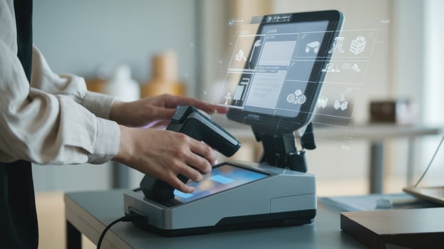 person using modern checkout system with scanner and touchscreen photo
