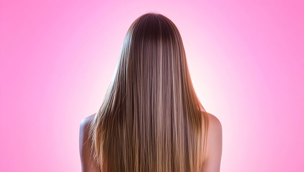 Long straight hair back view on pink background beauty and style photo