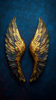 Golden angel wings on blue backdrop, spiritual design photo