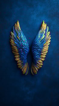 Blue gold angel wings on dark textured background, decorative art photo