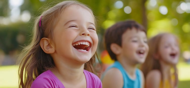 Laughing children enjoying sunny day together in park friendship and happy childhood moments photo