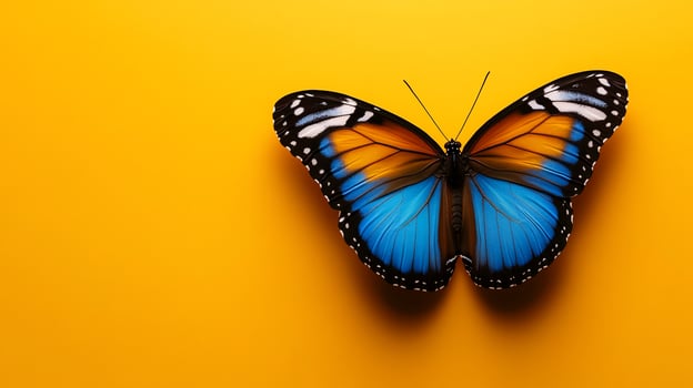 Blue orange butterfly yellow background design photo