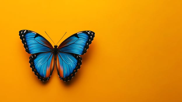 Blue butterfly on orange, minimal background, nature design, vibrant photo