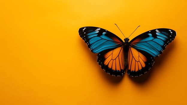 Blue orange butterfly isolated yellow background photo