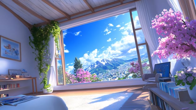Tranquil mountain view from cozy interior room with natural light photo