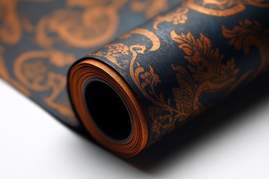 Elegant dark blue and gold patterned paper roll unfurling on white background for design projects photo