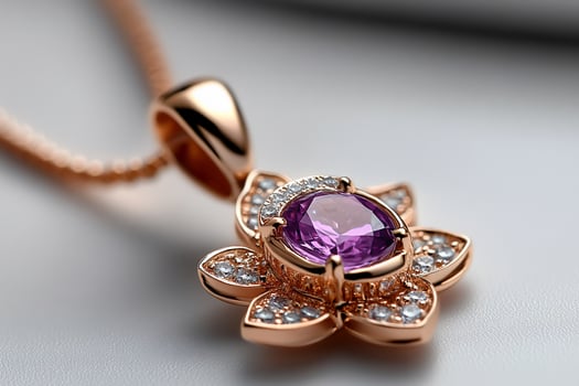Rose gold pendant, purple gemstone, diamond accents, studio shot, jewelry advertising photo