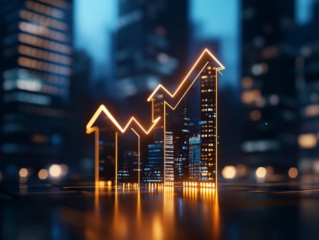 Cityscape growth chart, upward trend, night, success photo