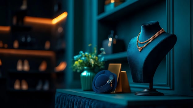 Jewelry display, boutique, necklace, dark, elegant, shop, accessories, velvet, gold photo
