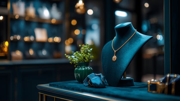 Elegant necklace display, boutique shop, jewelry showcase, blurred background, retail photo