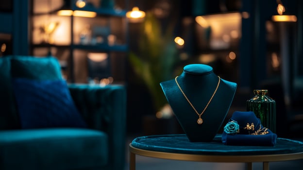 Gold necklace display, boutique showroom, velvet, jewelry photo
