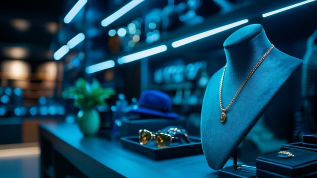 Luxury necklace display, boutique, blue lighting, accessories background, retail photo