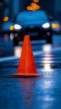 Wet city street, traffic cone, car, night, blurred background, safety photo
