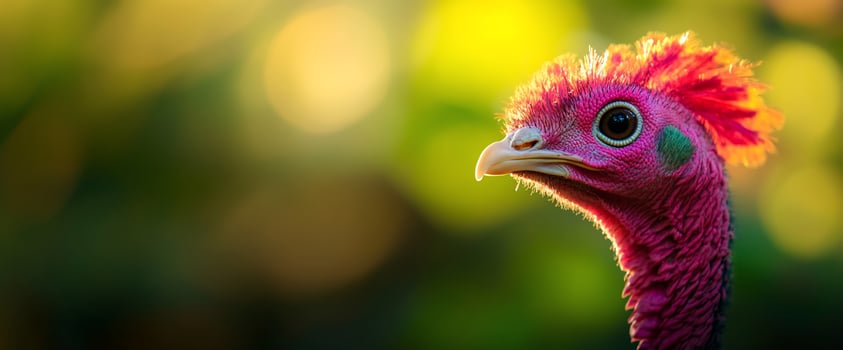 Pink turkey portrait, bokeh background, farm setting, nature photo