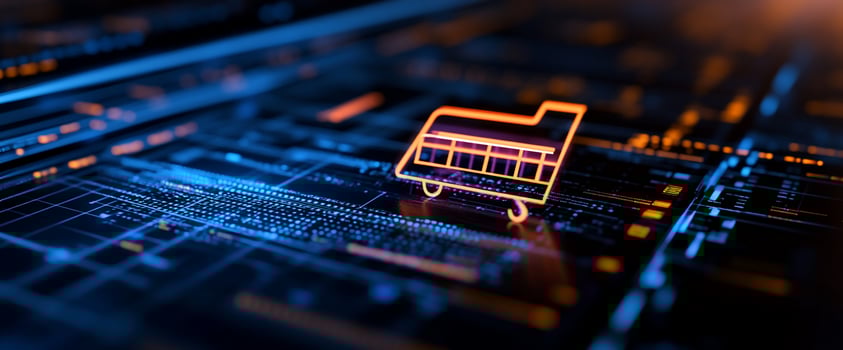 Digital cart on glowing circuit board online shopping concept photo