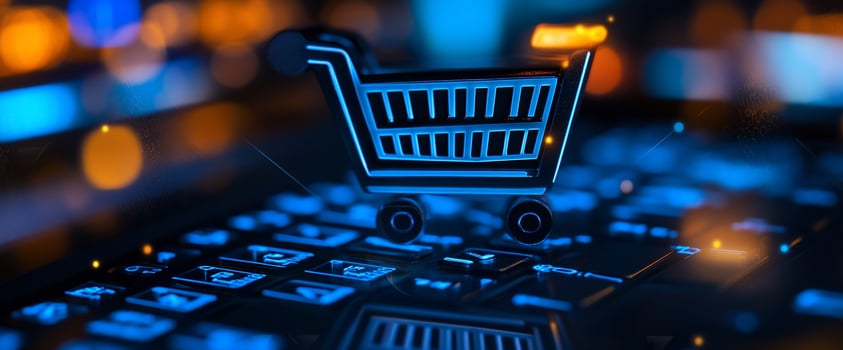 Online Shopping Cart on Keyboard, Night City Blur photo
