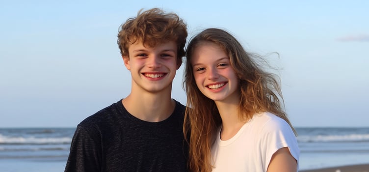 Smiling teenagers portrait on beach ocean backdrop happy caucasian boy and girl in youthful friendship photo