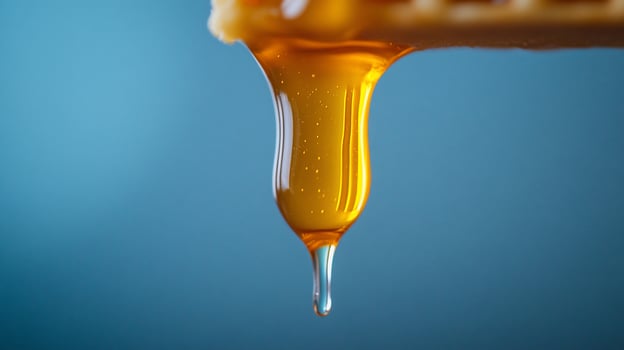 Honey dripping waffle, blue background, food photography, recipe photo