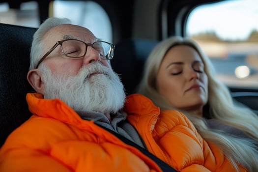 Senior, woman, napping, vehicle, road trip, travel photo