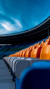 Empty stadium seats, blue sky, game anticipation, sports event promotion photo
