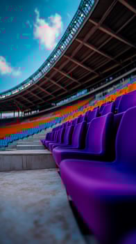 Purple stadium seats, empty rows, evening sky, sports event photo