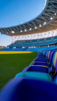 Empty stadium seats, green field, modern architecture, pregame photo