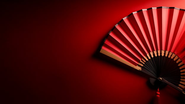 Red paper fan, dark background, Asian design, cultural symbol, greeting card photo