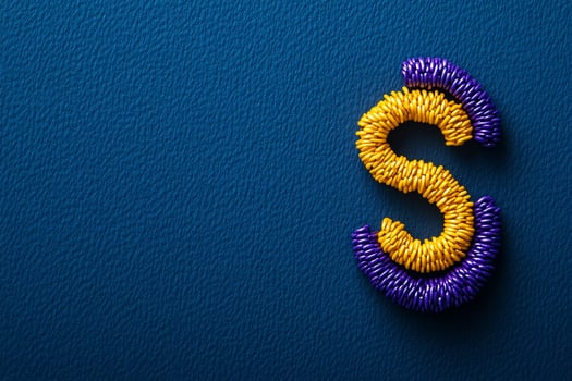Colorful wire letter S on blue, copy space, flat lay, design photo